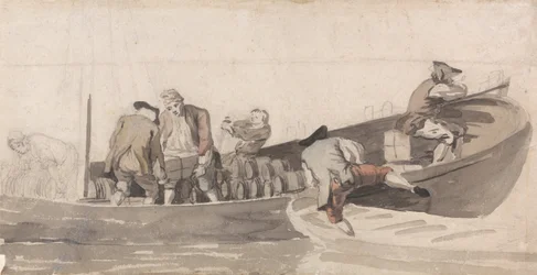 Hommes chargeant un bateau avec des barils